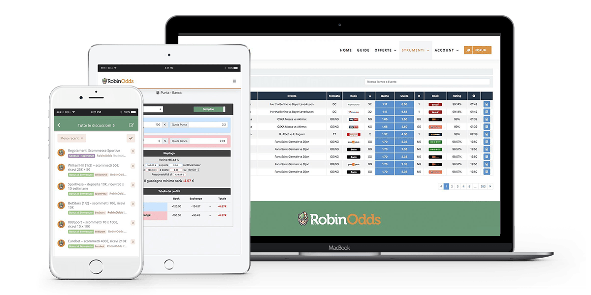 Strumenti per guadagnare online con il matched betting, forum, calcolatori, oddsmatcher, dutcher e trimatcher di RobinOdds